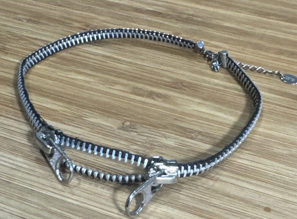 BCBGMAXAZRIA Zipper Necklace Punk Goth Black Silver Statement Halloween